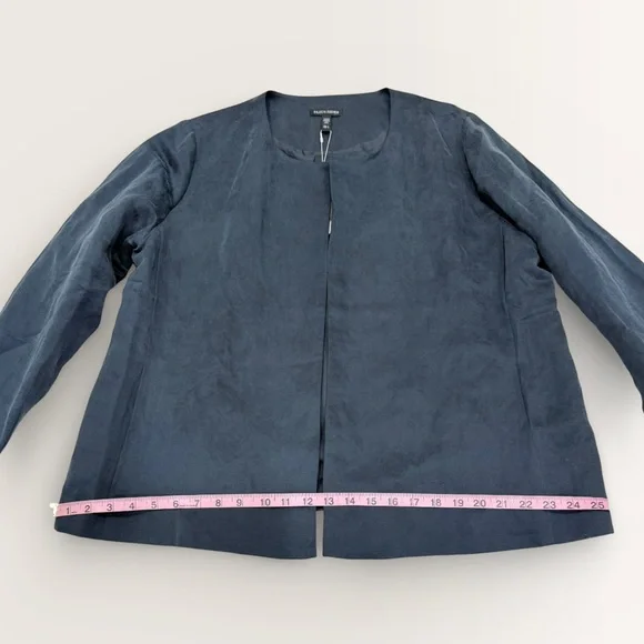 Eileen Fisher Large Linen Silk Satin Round Neck Open Jacket Deep Adriatic Blue - Picture 11 of 16